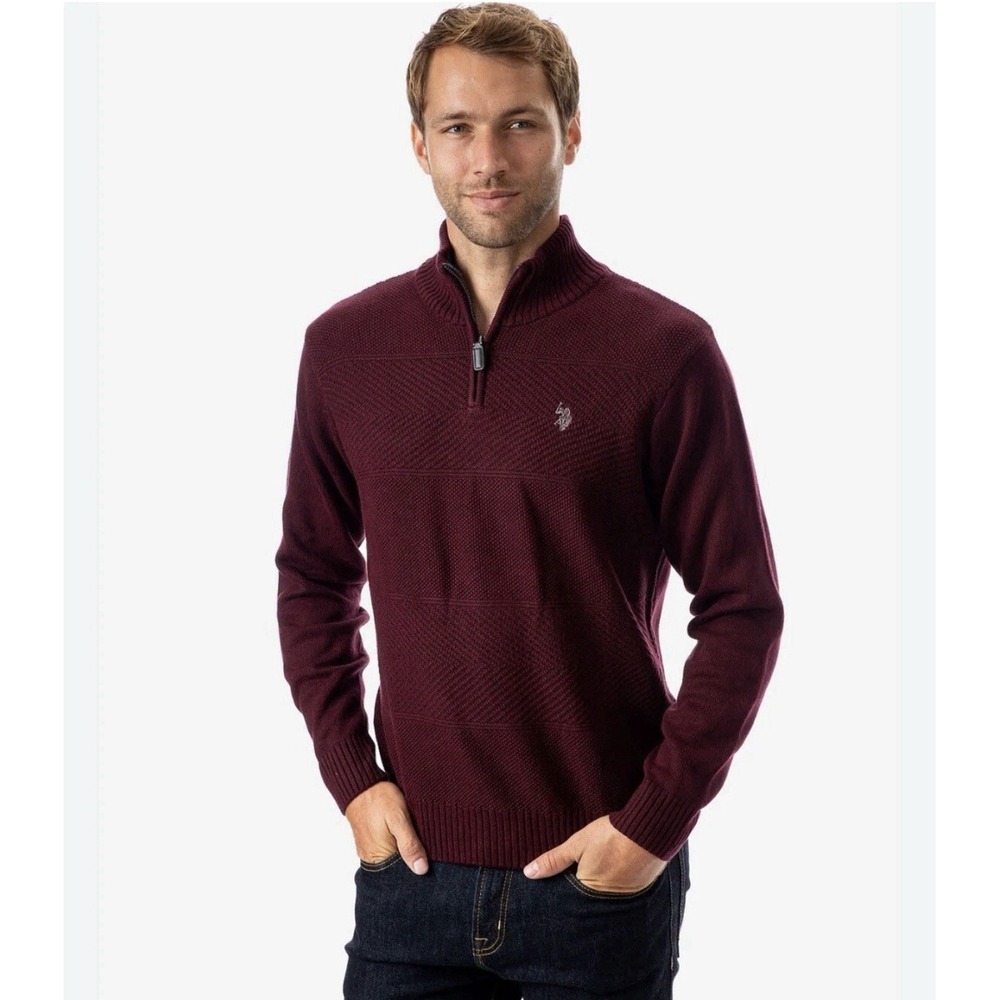 U.S. polo assn 1/4 zip sweater Men Size Large Knit Pullover Mock Neck Maroon